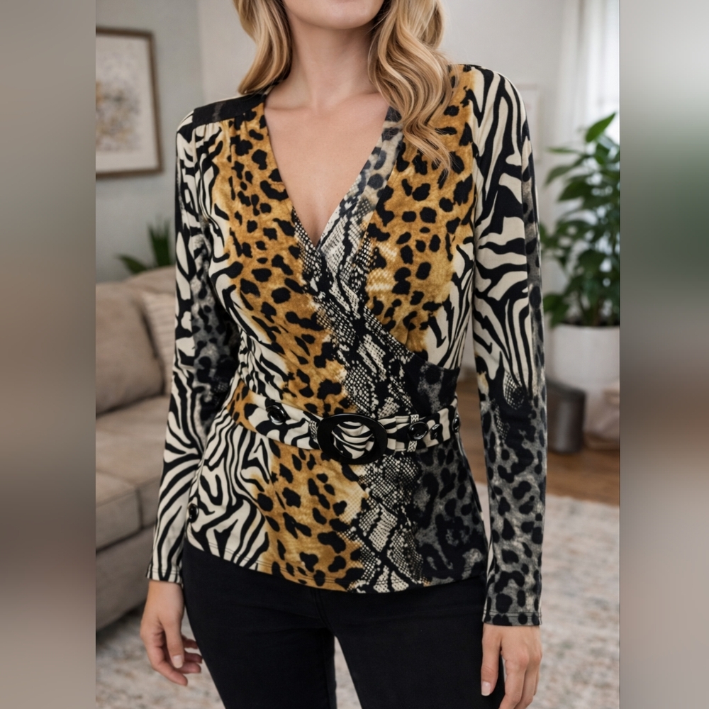 Frank Lyman Design Wrap-Front Long Sleeve Top in Tan, Black & Cream Animal Mix